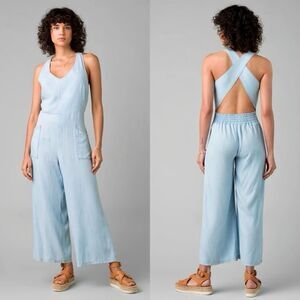 Prana Bahia Wide Leg Overall Jumpsuit Womens XL Blue Cross Back Pockets